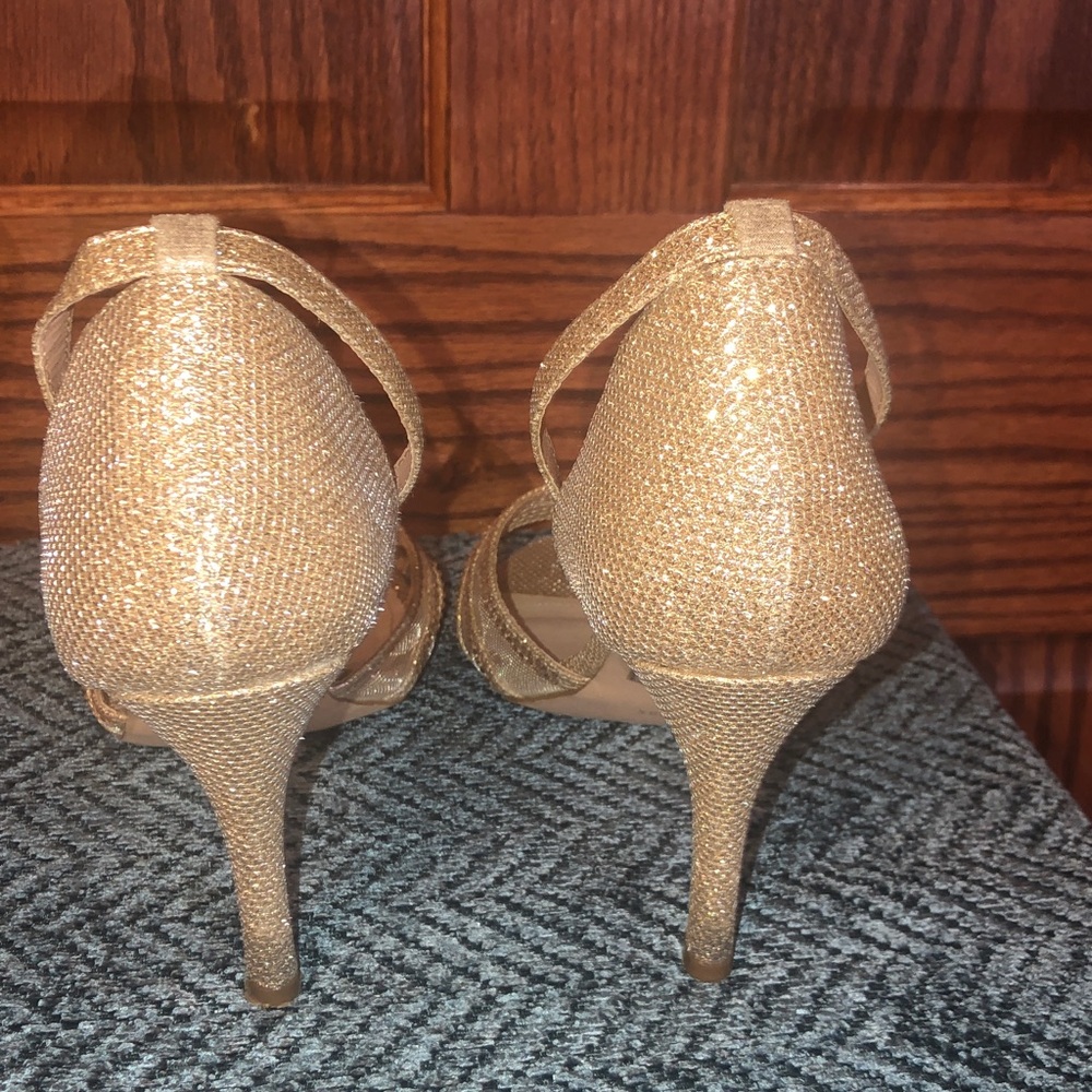 David's Bridal Sparkling Gold Strappy Heels - Picture 6 of 13